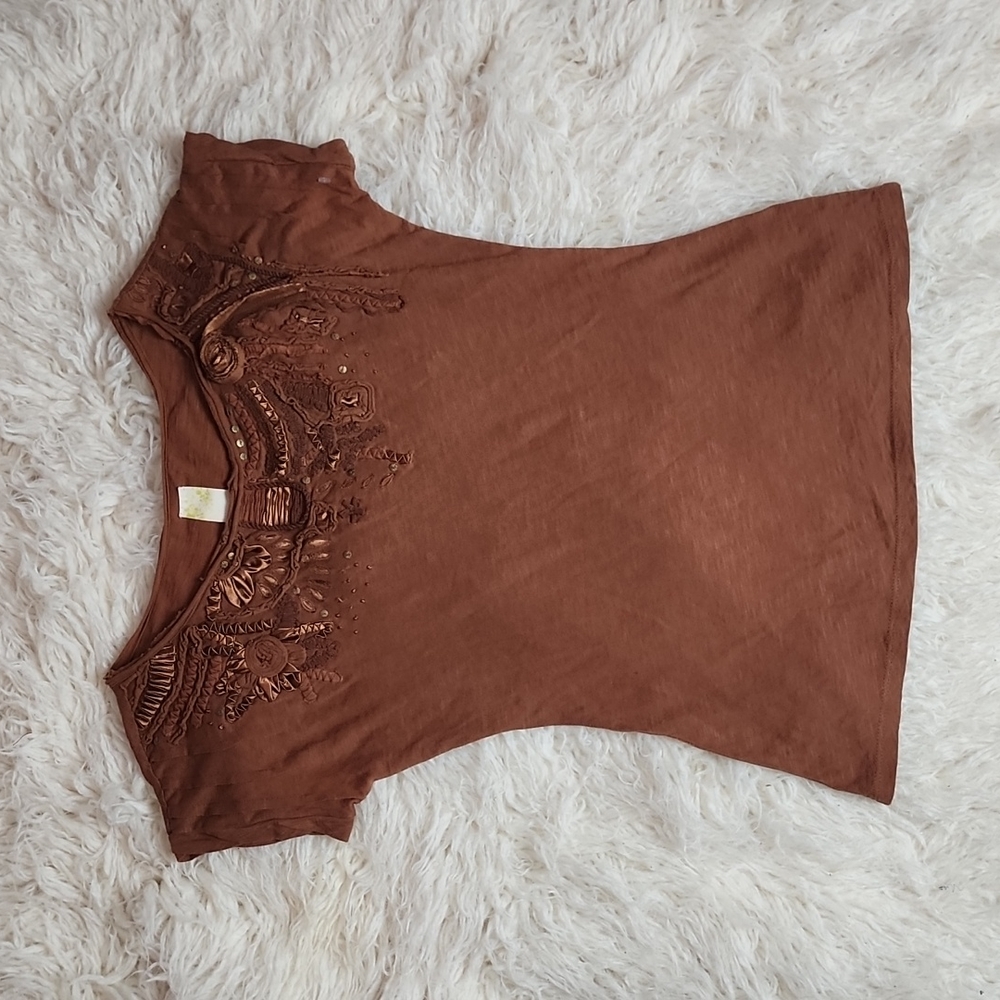 Anthropologie Brown Embellished Scoop Neck Tee